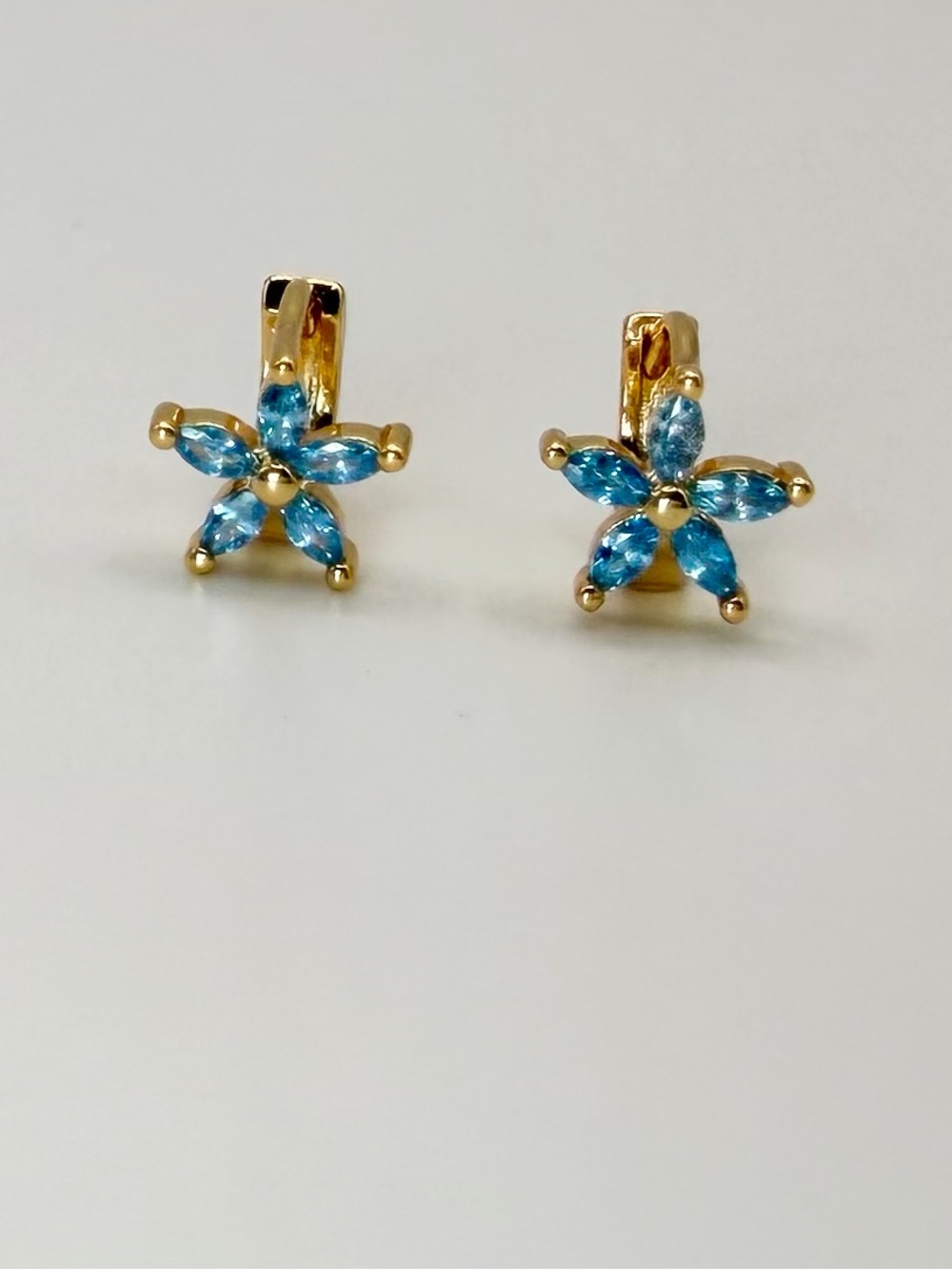 Gold Plated Blue Flower Crystal Huggie Earrings - Picture 3 of 6
